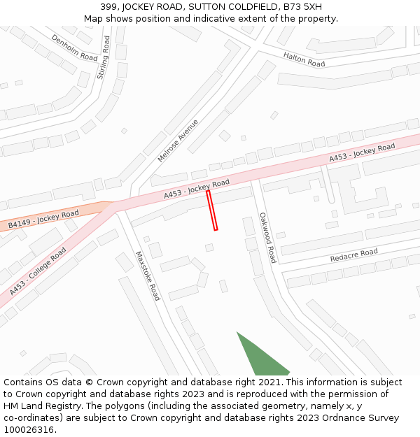 399, JOCKEY ROAD, SUTTON COLDFIELD, B73 5XH: Location map and indicative extent of plot