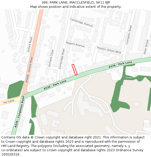 399, PARK LANE, MACCLESFIELD, SK11 8JR: Location map and indicative extent of plot