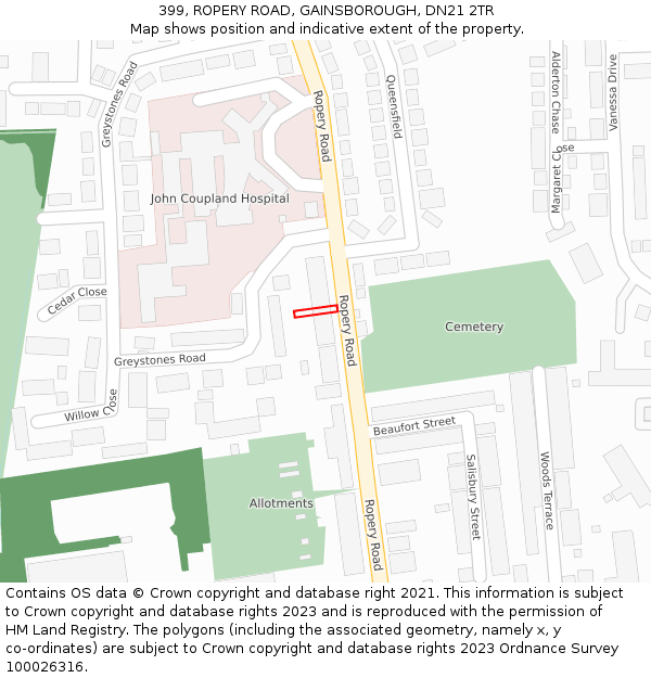 399, ROPERY ROAD, GAINSBOROUGH, DN21 2TR: Location map and indicative extent of plot