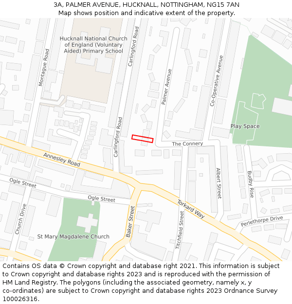 3A, PALMER AVENUE, HUCKNALL, NOTTINGHAM, NG15 7AN: Location map and indicative extent of plot