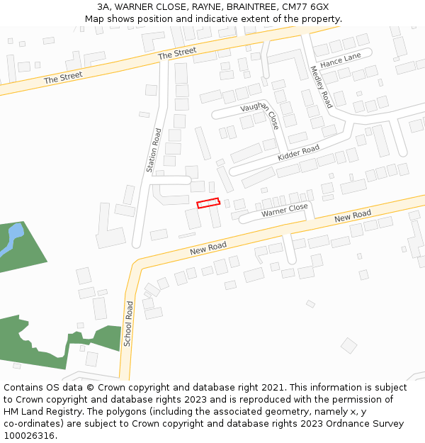 3A, WARNER CLOSE, RAYNE, BRAINTREE, CM77 6GX: Location map and indicative extent of plot