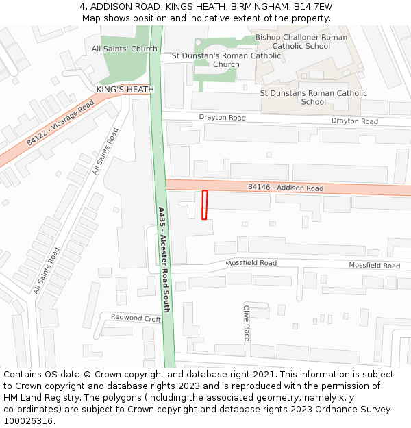 4, ADDISON ROAD, KINGS HEATH, BIRMINGHAM, B14 7EW: Location map and indicative extent of plot