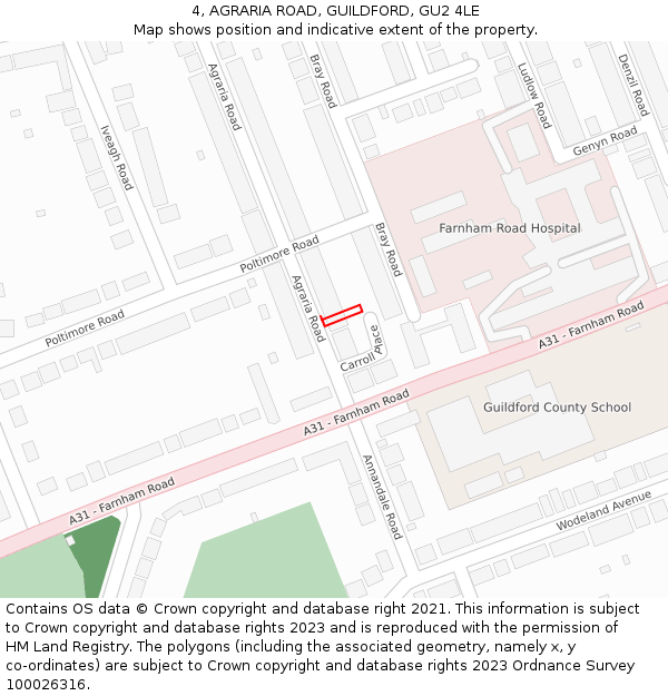 4, AGRARIA ROAD, GUILDFORD, GU2 4LE: Location map and indicative extent of plot