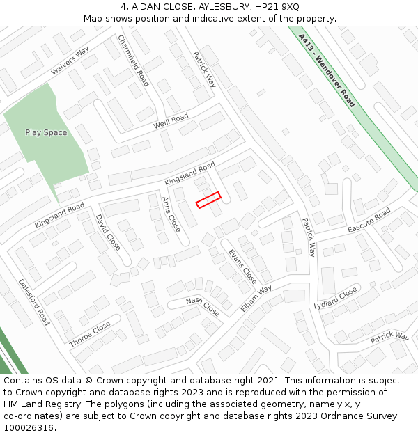 4, AIDAN CLOSE, AYLESBURY, HP21 9XQ: Location map and indicative extent of plot
