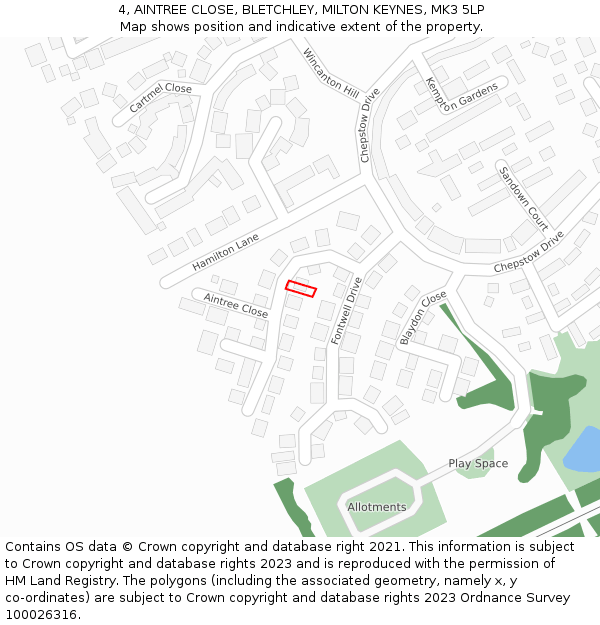 4, AINTREE CLOSE, BLETCHLEY, MILTON KEYNES, MK3 5LP: Location map and indicative extent of plot