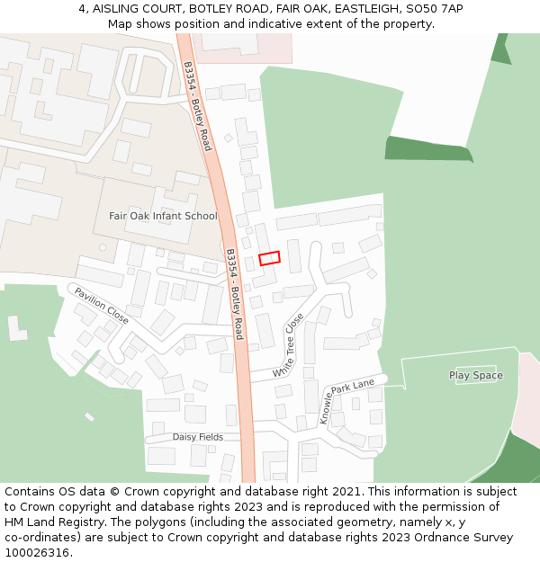4, AISLING COURT, BOTLEY ROAD, FAIR OAK, EASTLEIGH, SO50 7AP: Location map and indicative extent of plot