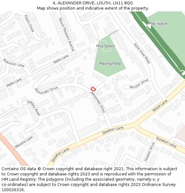 4, ALEXANDER DRIVE, LOUTH, LN11 8QG: Location map and indicative extent of plot