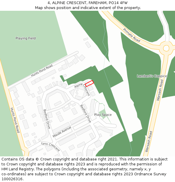 4, ALPINE CRESCENT, FAREHAM, PO14 4FW: Location map and indicative extent of plot