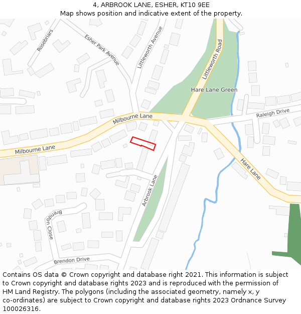 4, ARBROOK LANE, ESHER, KT10 9EE: Location map and indicative extent of plot