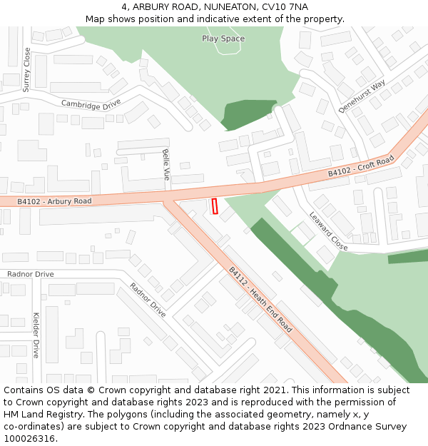 4, ARBURY ROAD, NUNEATON, CV10 7NA: Location map and indicative extent of plot