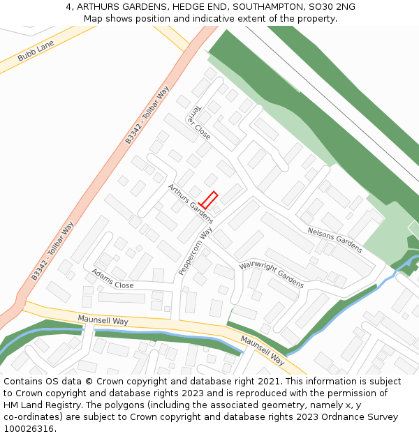 4, ARTHURS GARDENS, HEDGE END, SOUTHAMPTON, SO30 2NG: Location map and indicative extent of plot