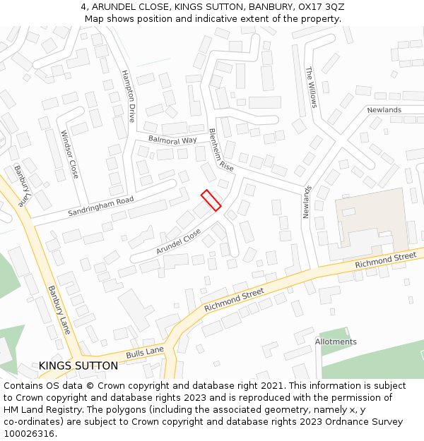 4, ARUNDEL CLOSE, KINGS SUTTON, BANBURY, OX17 3QZ: Location map and indicative extent of plot