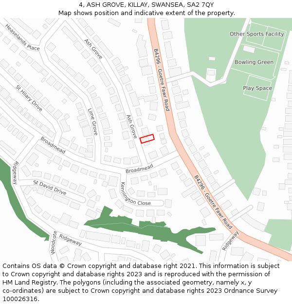 4, ASH GROVE, KILLAY, SWANSEA, SA2 7QY: Location map and indicative extent of plot
