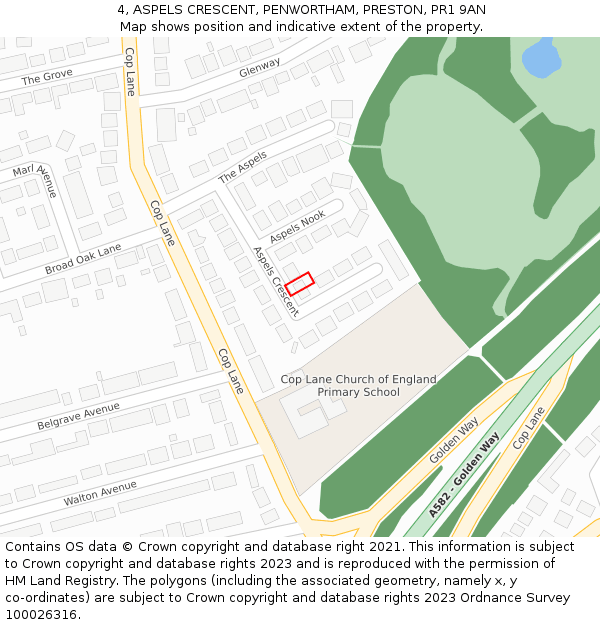 4, ASPELS CRESCENT, PENWORTHAM, PRESTON, PR1 9AN: Location map and indicative extent of plot