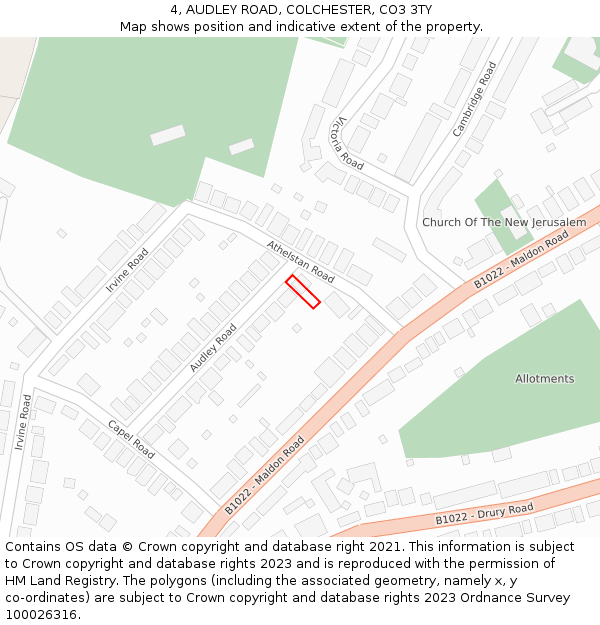 4, AUDLEY ROAD, COLCHESTER, CO3 3TY: Location map and indicative extent of plot