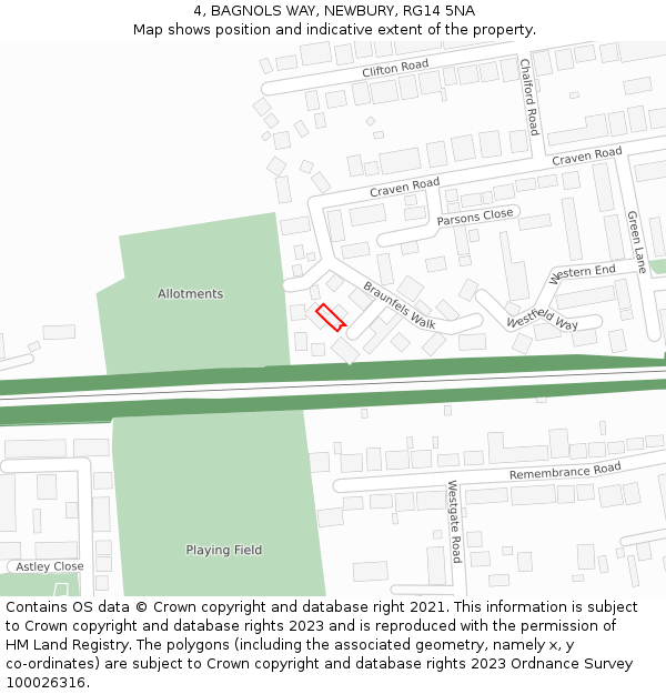 4, BAGNOLS WAY, NEWBURY, RG14 5NA: Location map and indicative extent of plot