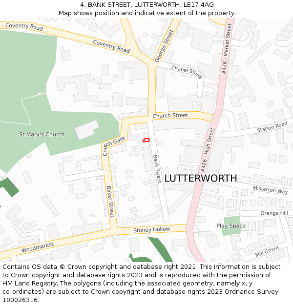 4, BANK STREET, LUTTERWORTH, LE17 4AG: Location map and indicative extent of plot