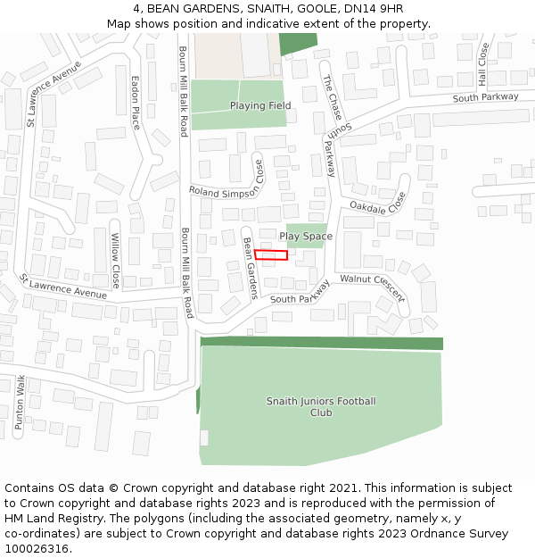 4, BEAN GARDENS, SNAITH, GOOLE, DN14 9HR: Location map and indicative extent of plot