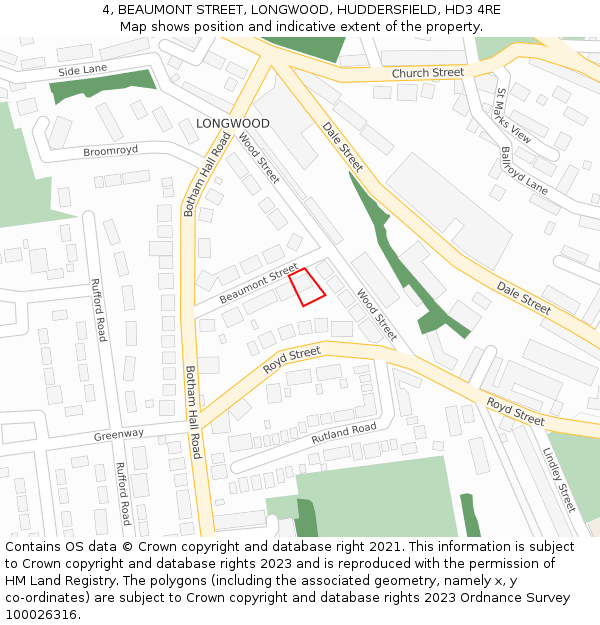4, BEAUMONT STREET, LONGWOOD, HUDDERSFIELD, HD3 4RE: Location map and indicative extent of plot