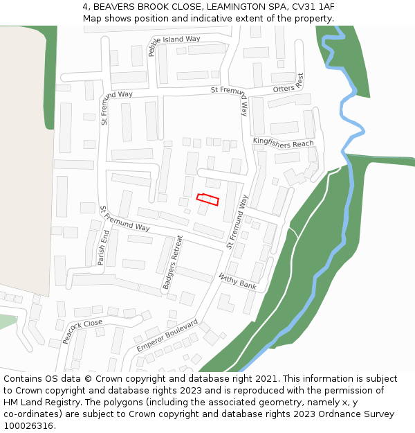 4, BEAVERS BROOK CLOSE, LEAMINGTON SPA, CV31 1AF: Location map and indicative extent of plot