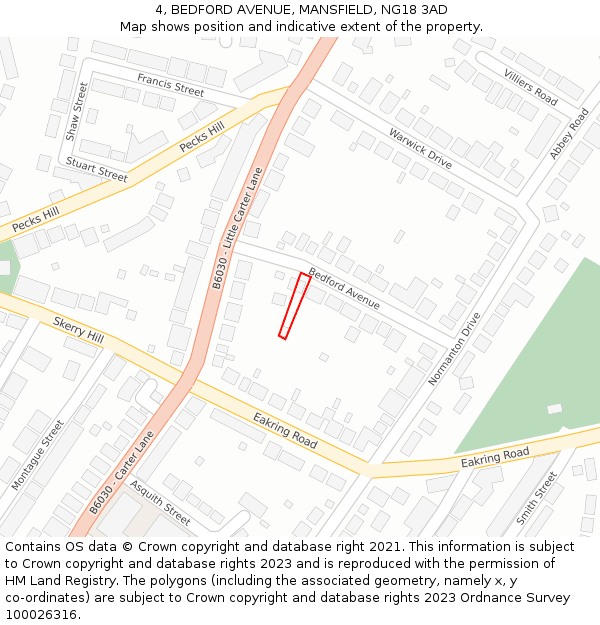4, BEDFORD AVENUE, MANSFIELD, NG18 3AD: Location map and indicative extent of plot