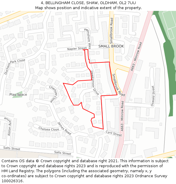4, BELLINGHAM CLOSE, SHAW, OLDHAM, OL2 7UU: Location map and indicative extent of plot