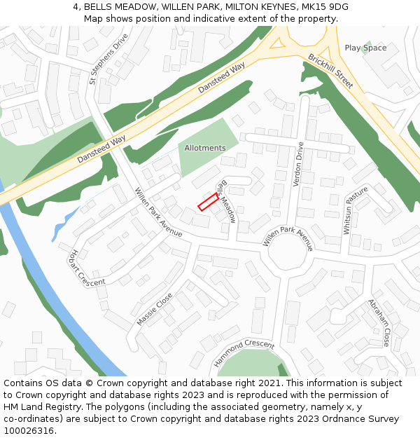 4, BELLS MEADOW, WILLEN PARK, MILTON KEYNES, MK15 9DG: Location map and indicative extent of plot