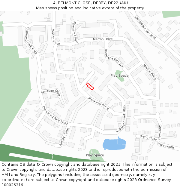 4, BELMONT CLOSE, DERBY, DE22 4NU: Location map and indicative extent of plot