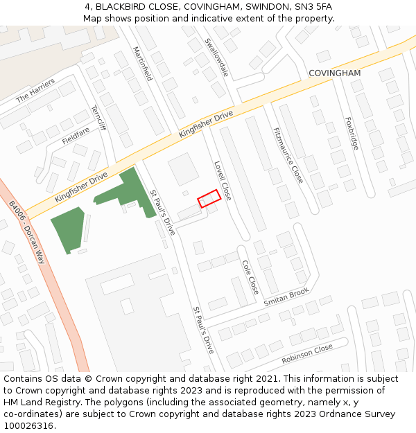 4, BLACKBIRD CLOSE, COVINGHAM, SWINDON, SN3 5FA: Location map and indicative extent of plot