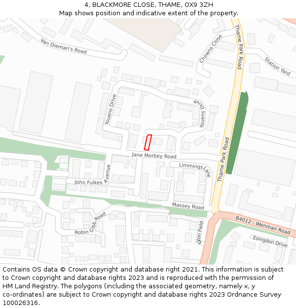 4, BLACKMORE CLOSE, THAME, OX9 3ZH: Location map and indicative extent of plot