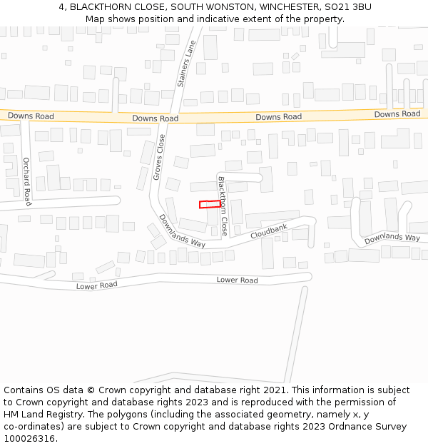 4, BLACKTHORN CLOSE, SOUTH WONSTON, WINCHESTER, SO21 3BU: Location map and indicative extent of plot