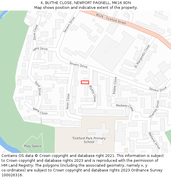 4, BLYTHE CLOSE, NEWPORT PAGNELL, MK16 9DN: Location map and indicative extent of plot