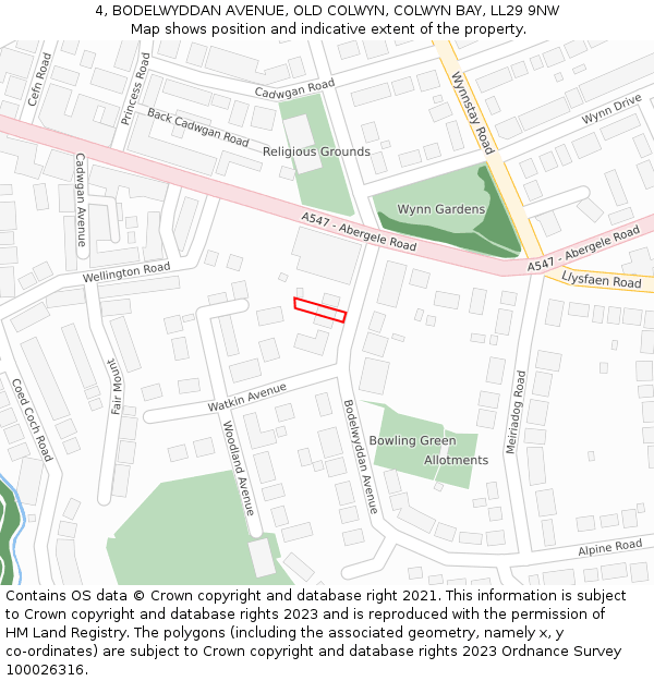 4, BODELWYDDAN AVENUE, OLD COLWYN, COLWYN BAY, LL29 9NW: Location map and indicative extent of plot