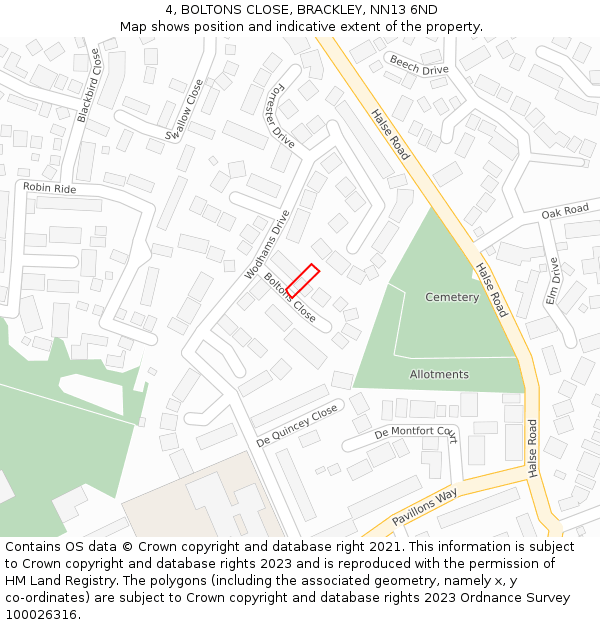 4, BOLTONS CLOSE, BRACKLEY, NN13 6ND: Location map and indicative extent of plot