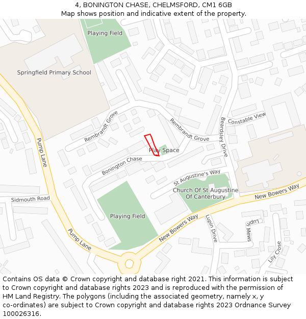4, BONINGTON CHASE, CHELMSFORD, CM1 6GB: Location map and indicative extent of plot