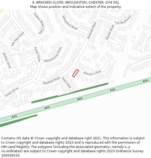 4, BRACKEN CLOSE, BROUGHTON, CHESTER, CH4 0SL: Location map and indicative extent of plot