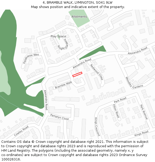 4, BRAMBLE WALK, LYMINGTON, SO41 9LW: Location map and indicative extent of plot