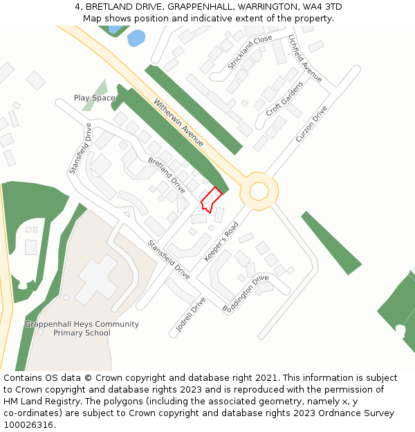 4, BRETLAND DRIVE, GRAPPENHALL, WARRINGTON, WA4 3TD: Location map and indicative extent of plot