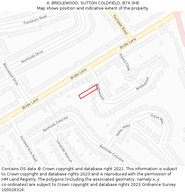 4, BRIDLEWOOD, SUTTON COLDFIELD, B74 3HE: Location map and indicative extent of plot