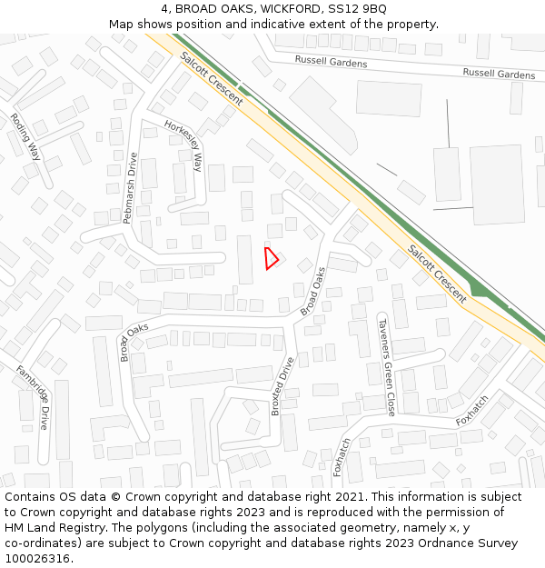 4, BROAD OAKS, WICKFORD, SS12 9BQ: Location map and indicative extent of plot