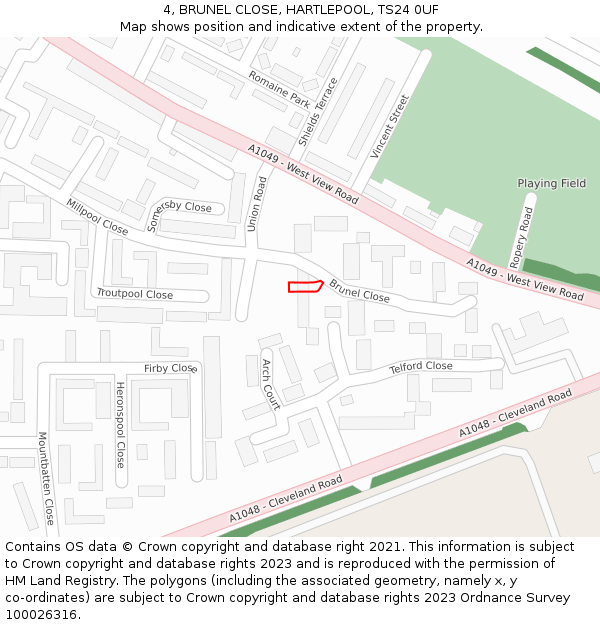 4, BRUNEL CLOSE, HARTLEPOOL, TS24 0UF: Location map and indicative extent of plot