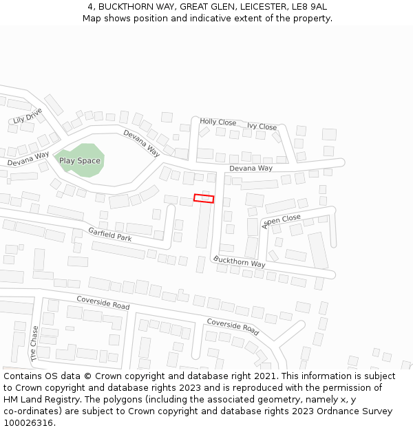 4, BUCKTHORN WAY, GREAT GLEN, LEICESTER, LE8 9AL: Location map and indicative extent of plot