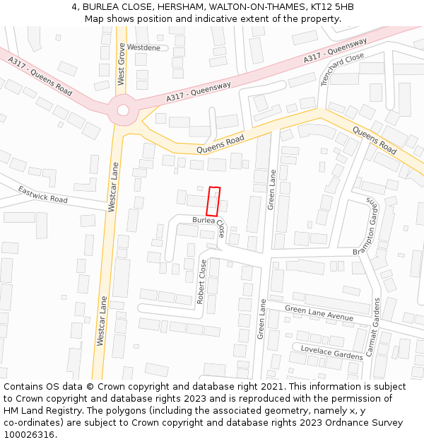 4, BURLEA CLOSE, HERSHAM, WALTON-ON-THAMES, KT12 5HB: Location map and indicative extent of plot
