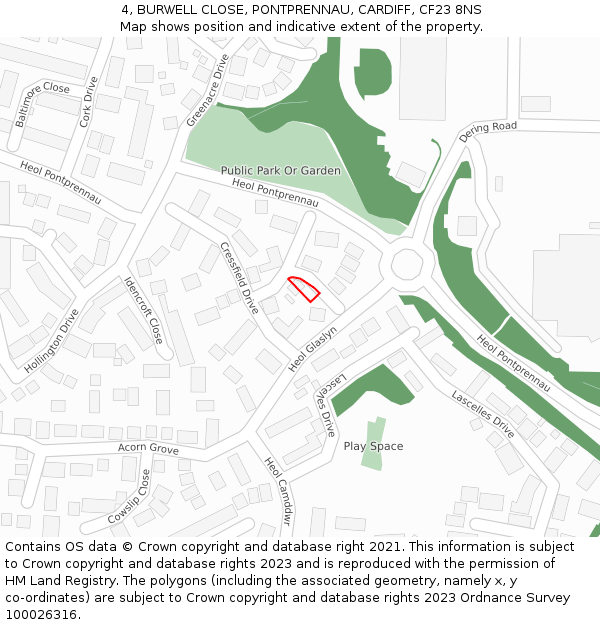 4, BURWELL CLOSE, PONTPRENNAU, CARDIFF, CF23 8NS: Location map and indicative extent of plot
