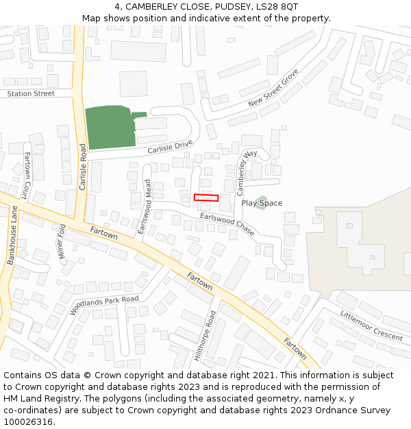 4, CAMBERLEY CLOSE, PUDSEY, LS28 8QT: Location map and indicative extent of plot