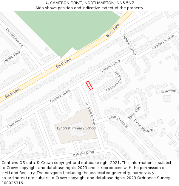 4, CAMERON DRIVE, NORTHAMPTON, NN5 5NZ: Location map and indicative extent of plot