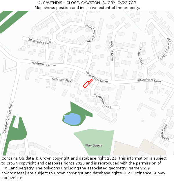 4, CAVENDISH CLOSE, CAWSTON, RUGBY, CV22 7GB: Location map and indicative extent of plot