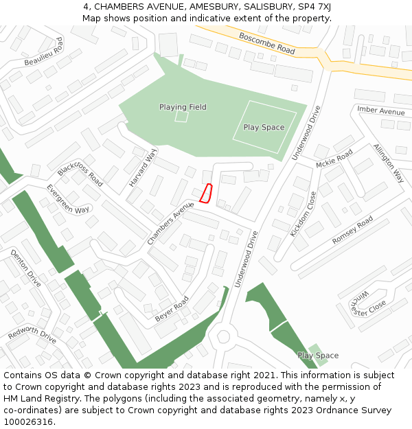 4, CHAMBERS AVENUE, AMESBURY, SALISBURY, SP4 7XJ: Location map and indicative extent of plot