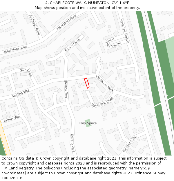 4, CHARLECOTE WALK, NUNEATON, CV11 4YE: Location map and indicative extent of plot