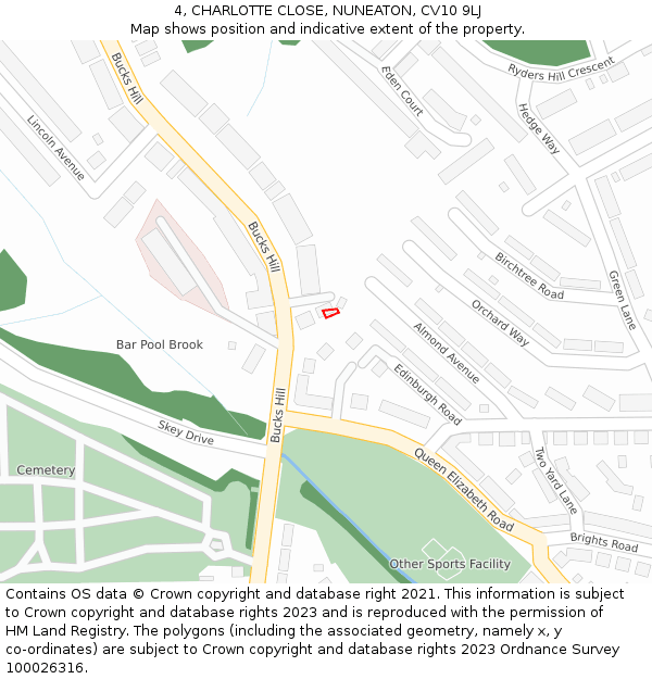 4, CHARLOTTE CLOSE, NUNEATON, CV10 9LJ: Location map and indicative extent of plot
